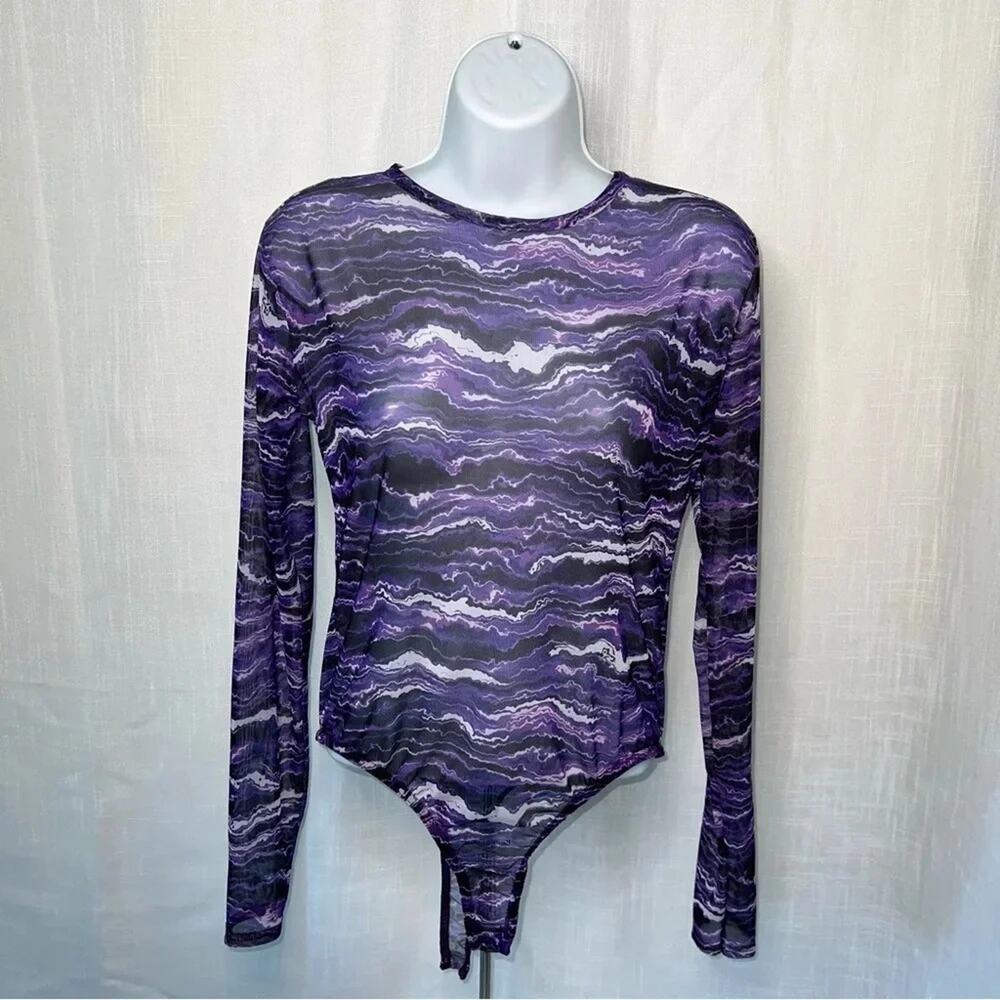 Pretty Little Thing NWT Printed Mesh Festival Rave High Neck Bodysuit Sz 10
